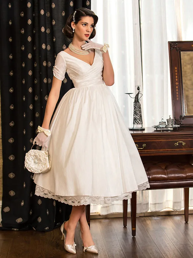 1950s Vintage Short A-Line V Neck Wedding Dresses with Sleeves