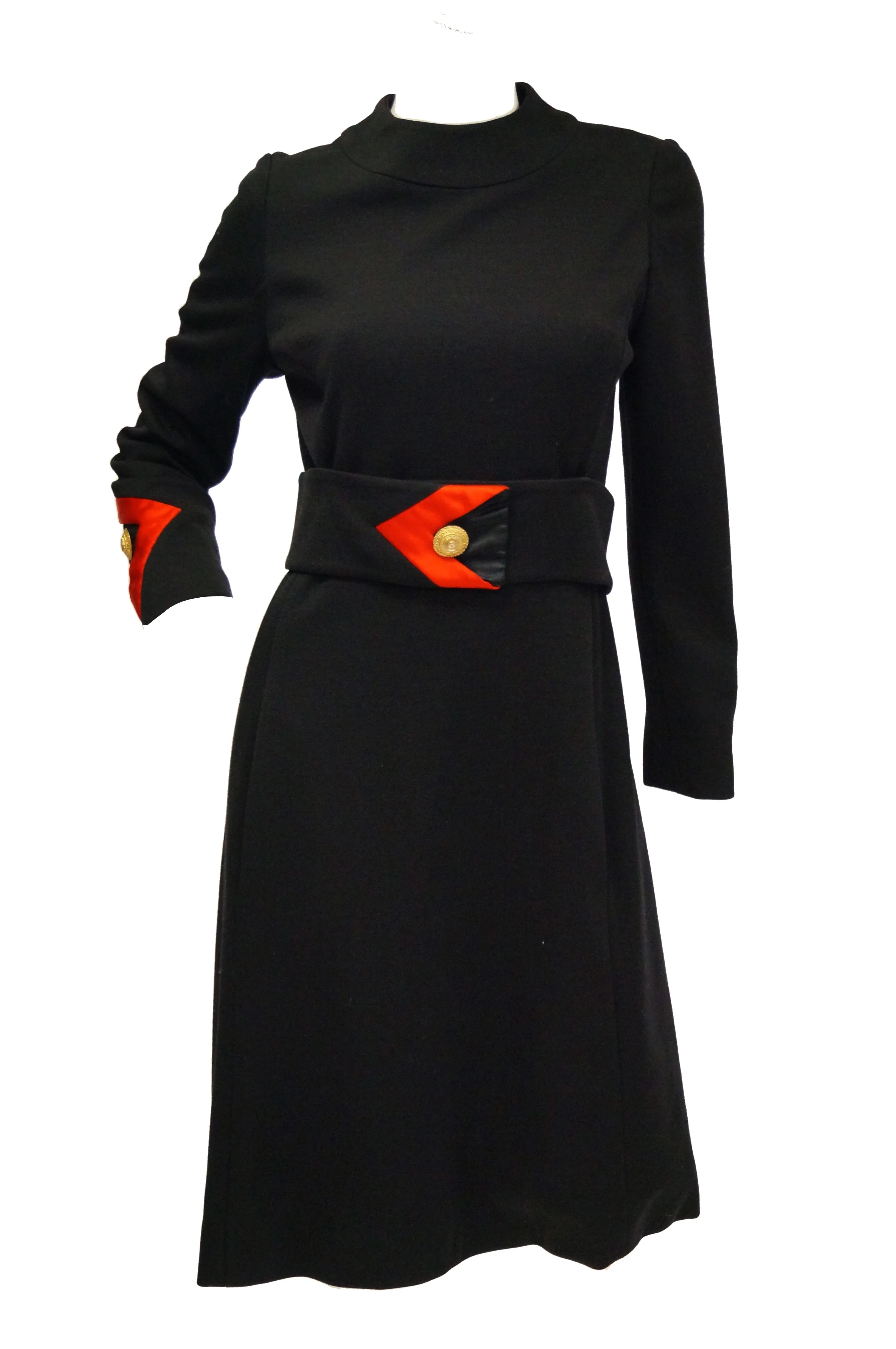 1960s Joseph Stein by Muriel Reade Wool Black and Red Arrow Accent Mod Dress