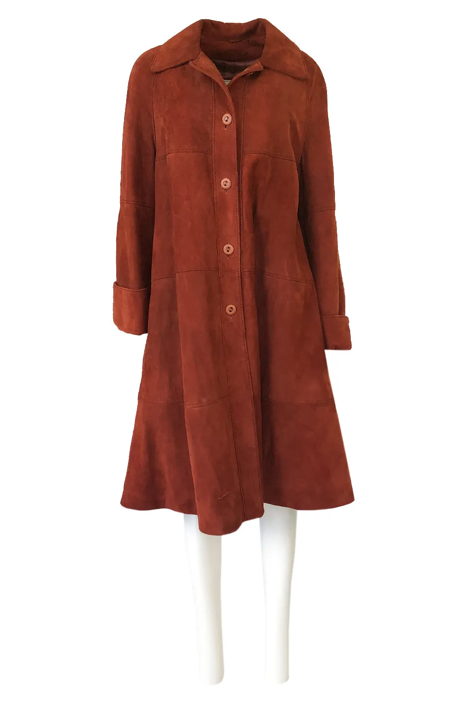 1960s Rust Colored Soft Suede Voluminous Swing Tent Coat w Belt