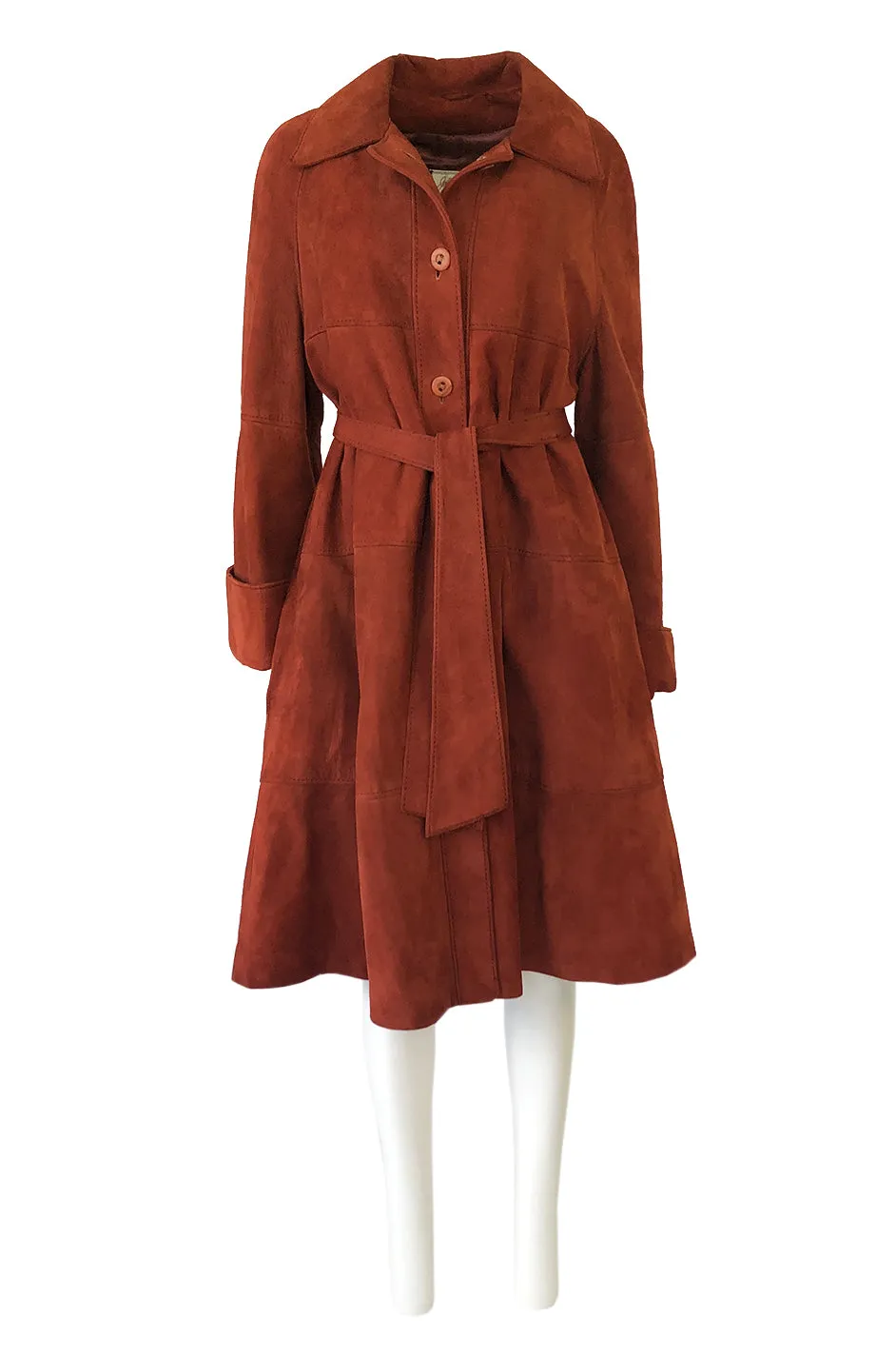 1960s Rust Colored Soft Suede Voluminous Swing Tent Coat w Belt