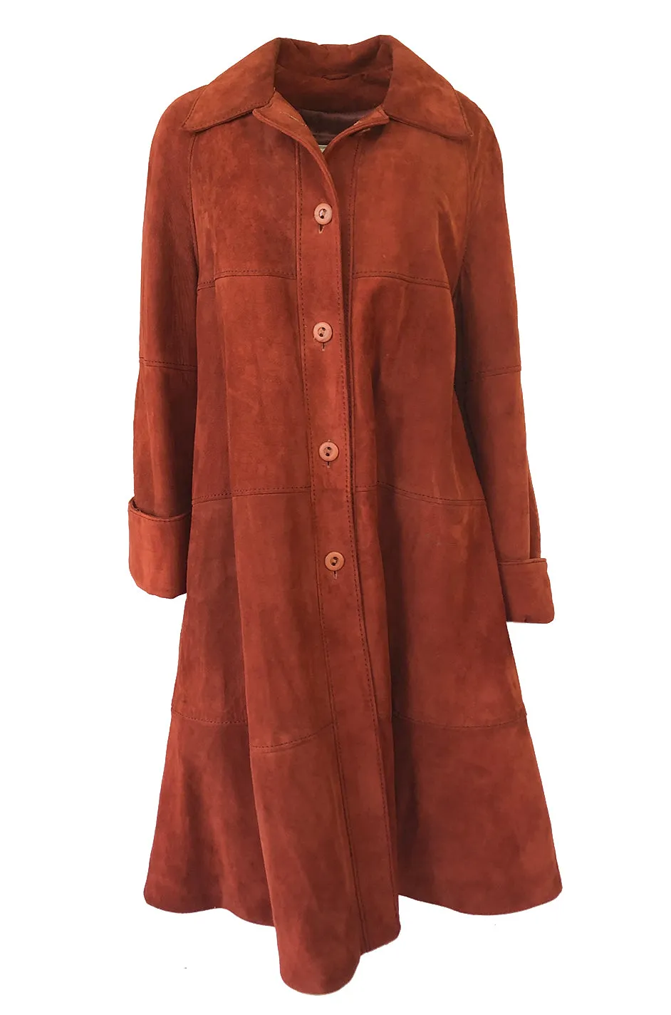 1960s Rust Colored Soft Suede Voluminous Swing Tent Coat w Belt