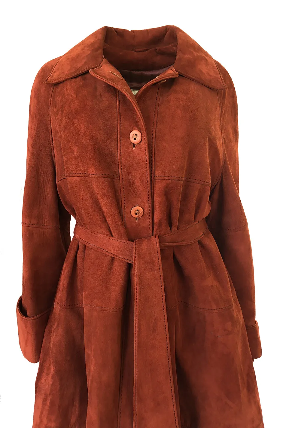 1960s Rust Colored Soft Suede Voluminous Swing Tent Coat w Belt