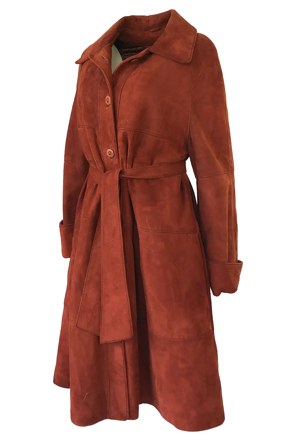 1960s Rust Colored Soft Suede Voluminous Swing Tent Coat w Belt