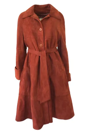 1960s Rust Colored Soft Suede Voluminous Swing Tent Coat w Belt