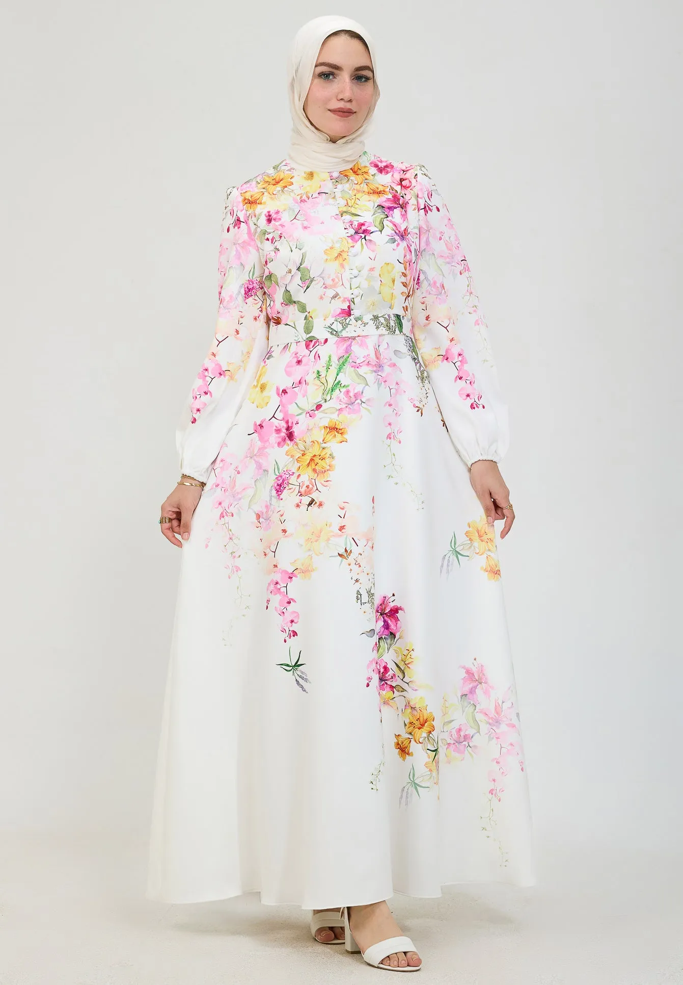 Adeela Floral Elegance Modesty Dress in Crepe Fabric