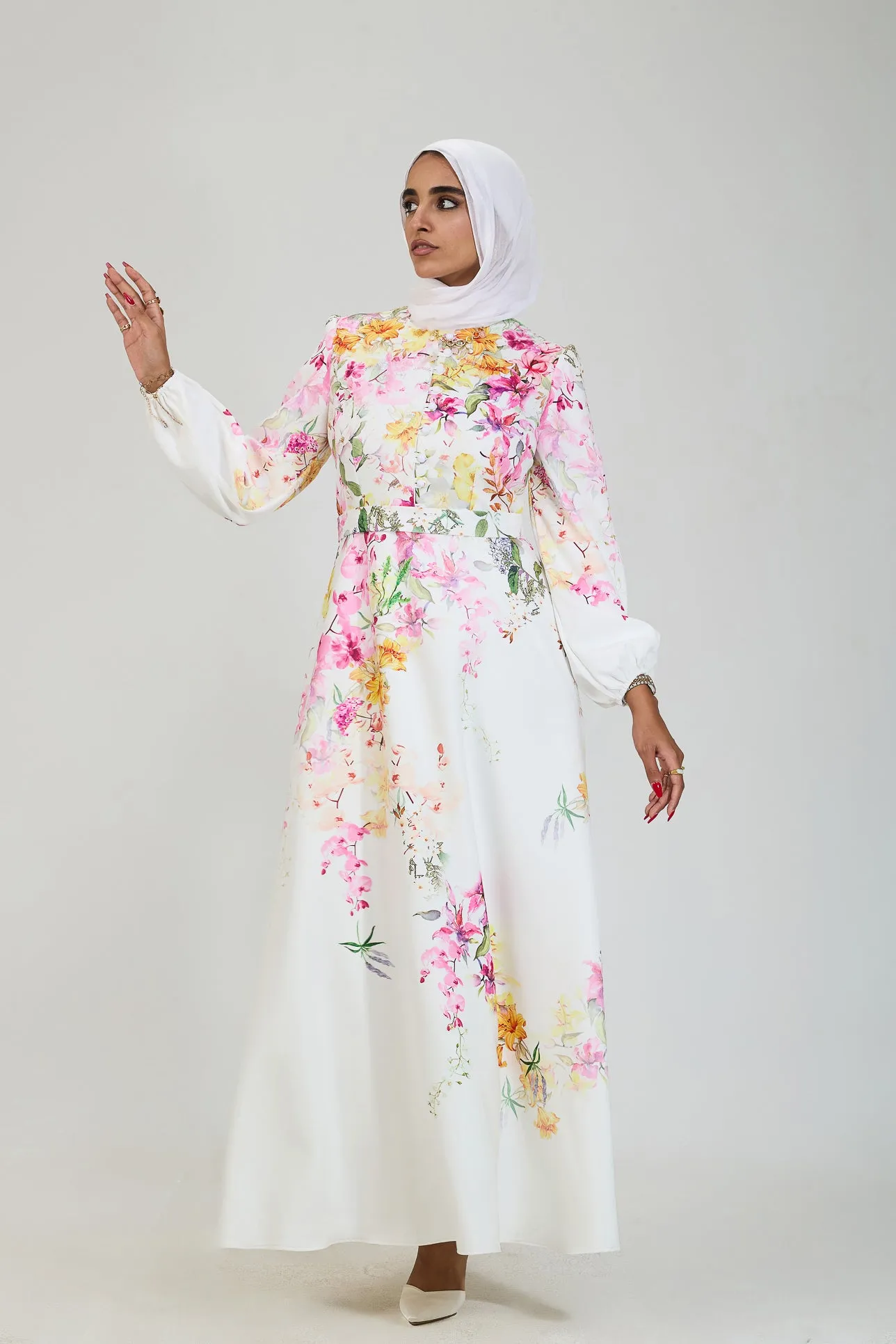 Adeela Floral Elegance Modesty Dress in Crepe Fabric