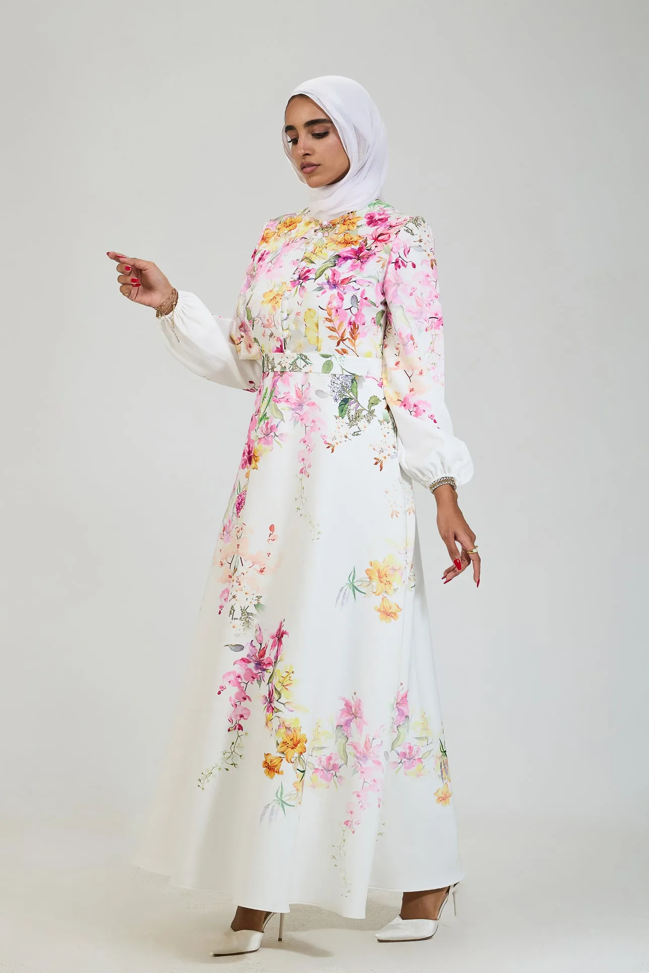 Adeela Floral Elegance Modesty Dress in Crepe Fabric