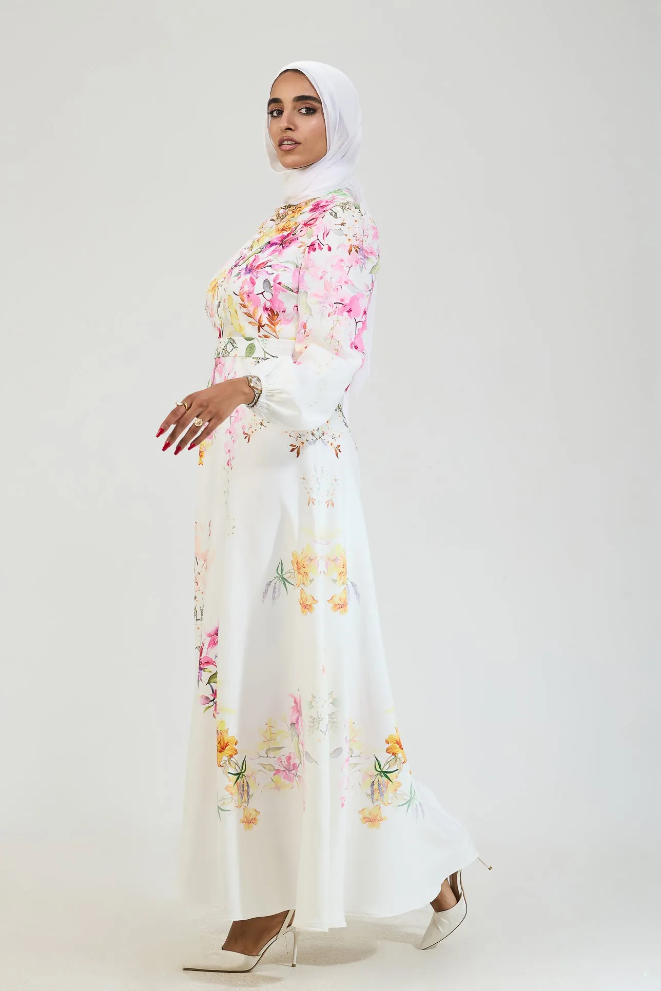 Adeela Floral Elegance Modesty Dress in Crepe Fabric