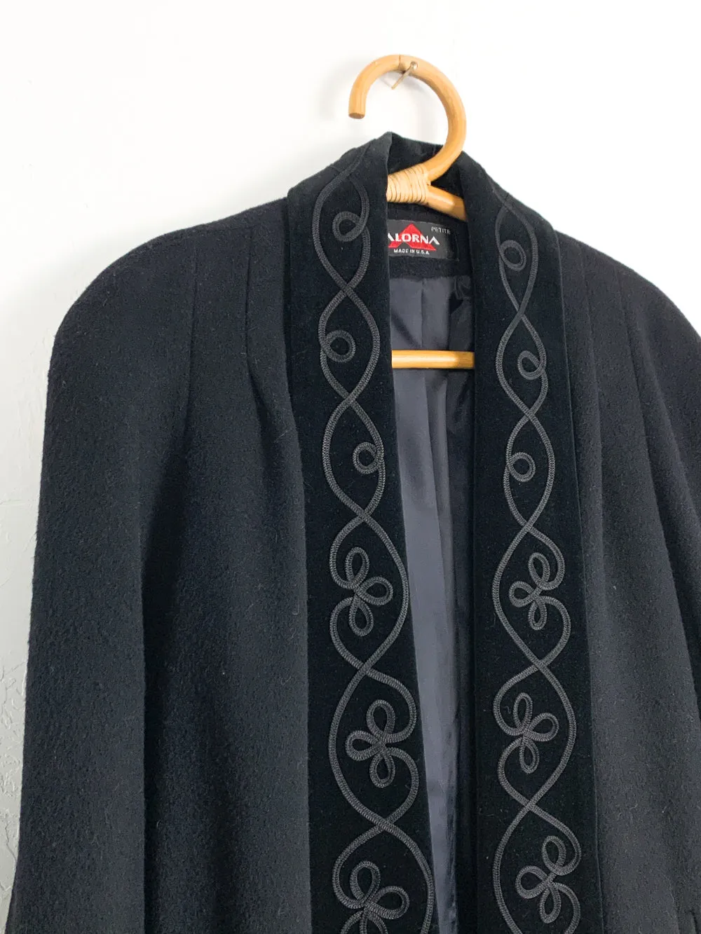 Alorna Black Wool Open Coat With Embroidered Collar