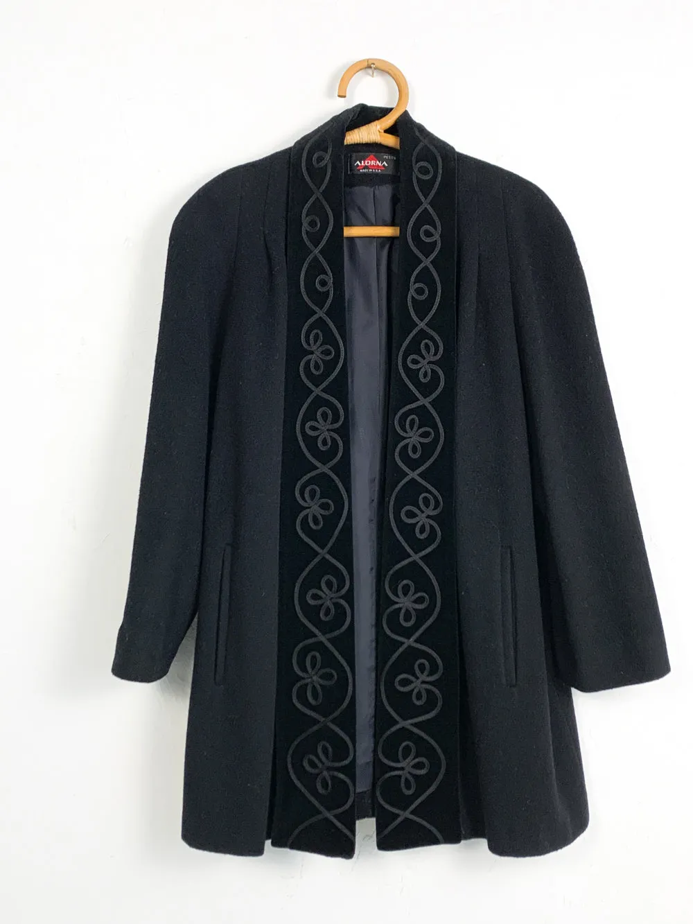 Alorna Black Wool Open Coat With Embroidered Collar