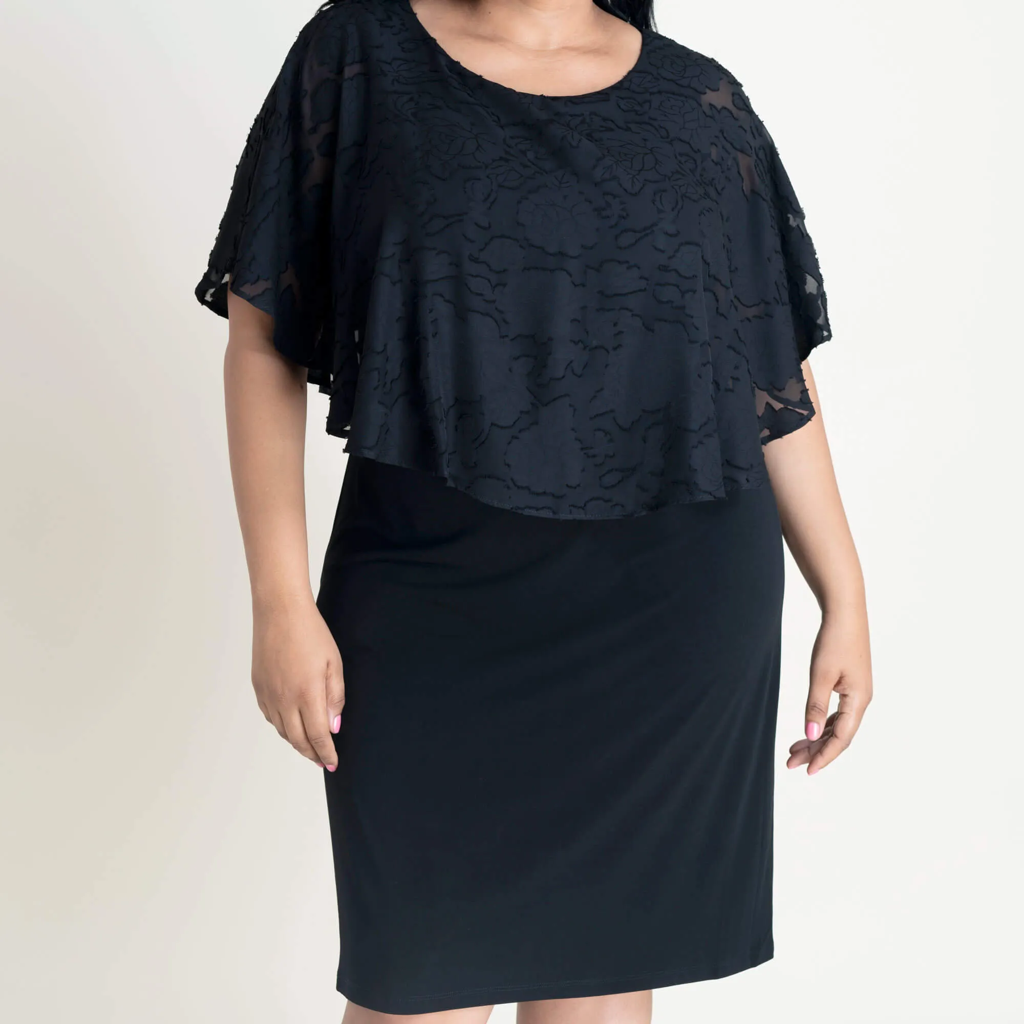 Alyssa Black Chiffon Burnout Cape Dress