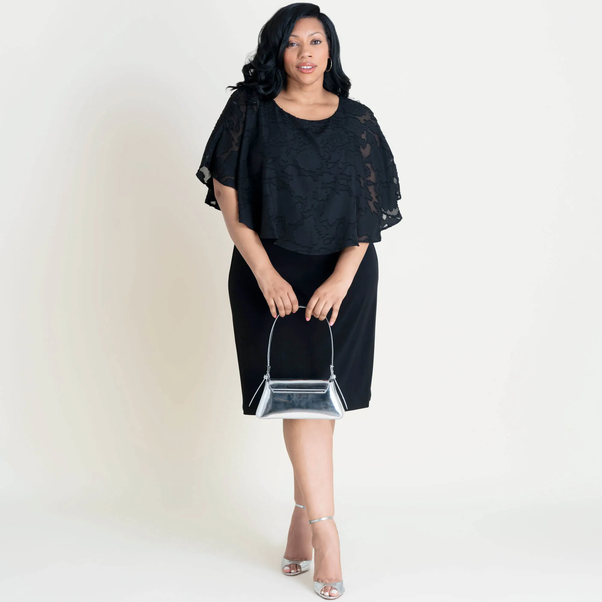 Alyssa Black Chiffon Burnout Cape Dress