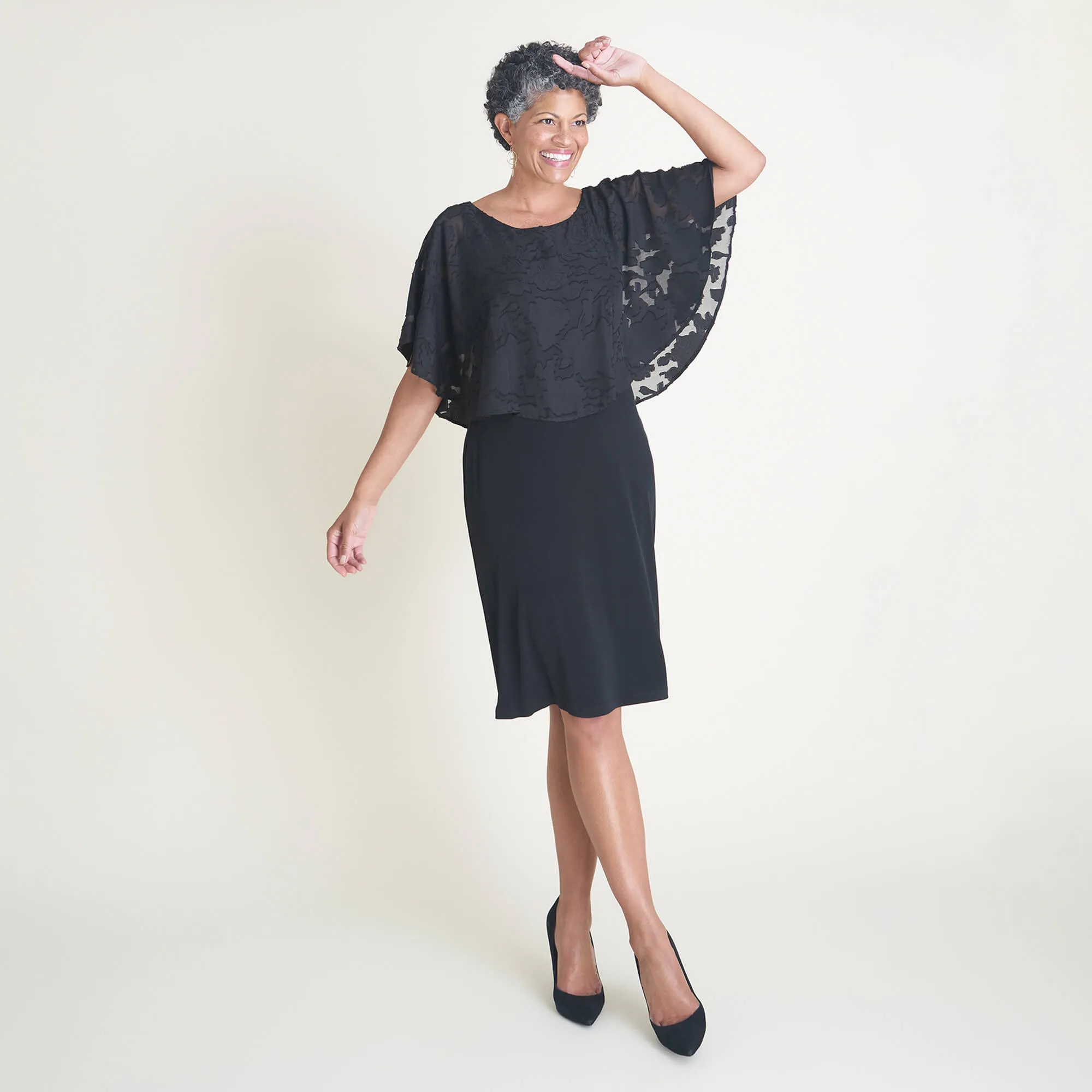 Alyssa Black Chiffon Burnout Cape Dress