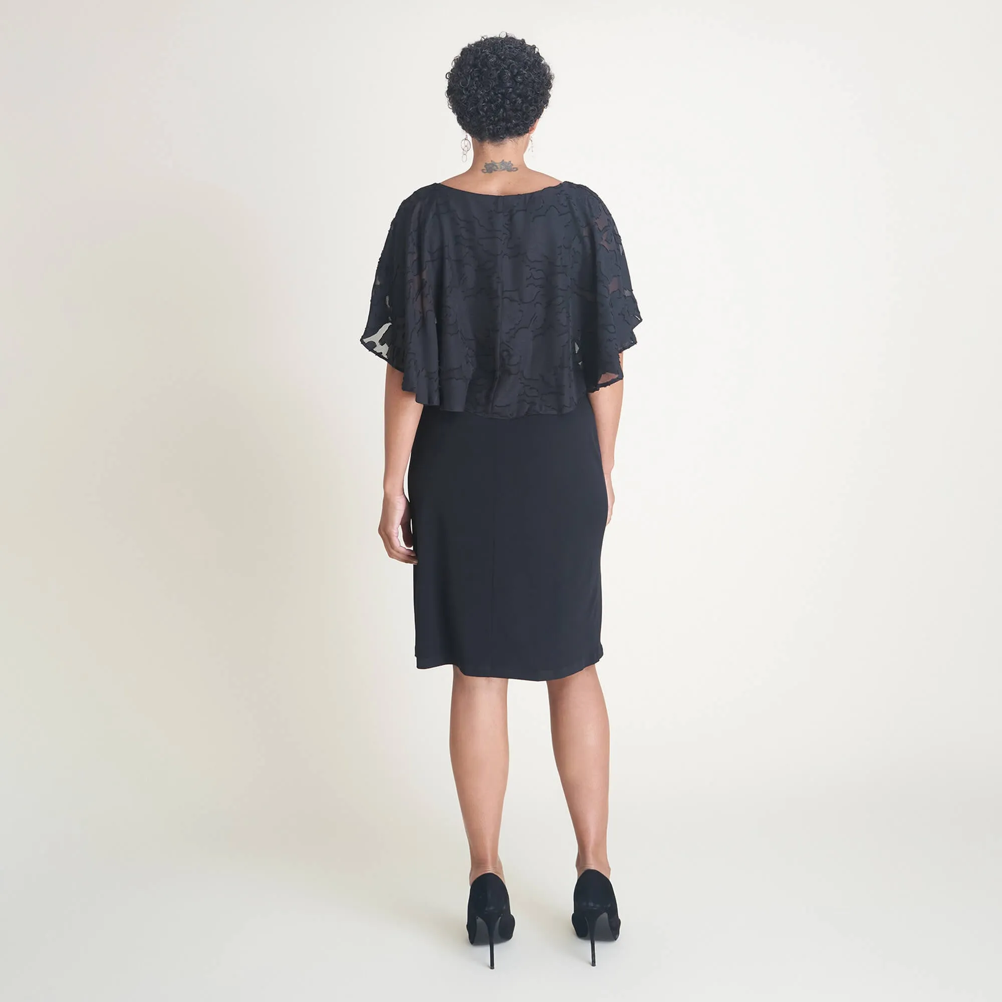 Alyssa Black Chiffon Burnout Cape Dress