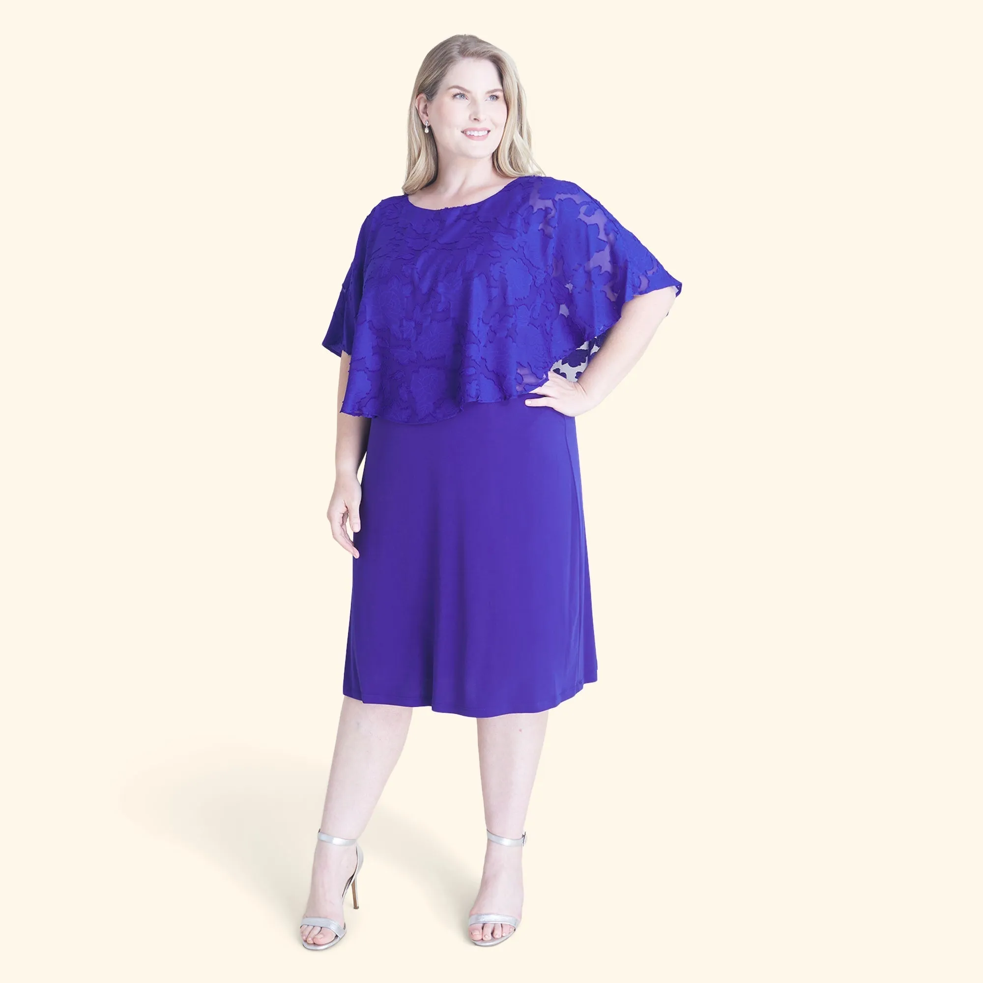 Alyssa Deep Cobalt Chiffon Burnout Cape Dress