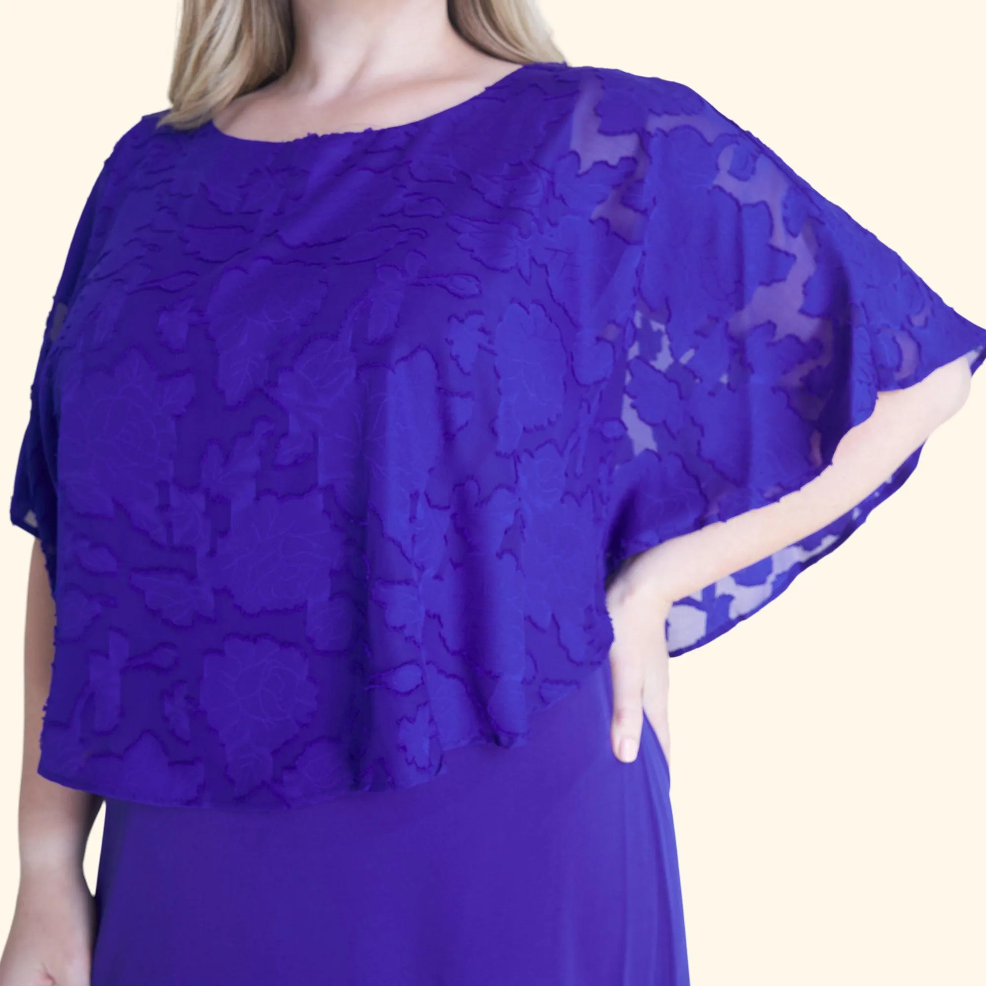 Alyssa Deep Cobalt Chiffon Burnout Cape Dress