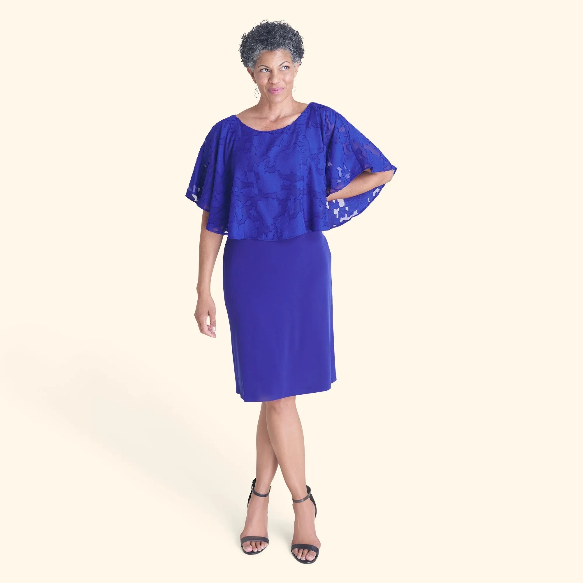 Alyssa Deep Cobalt Chiffon Burnout Cape Dress