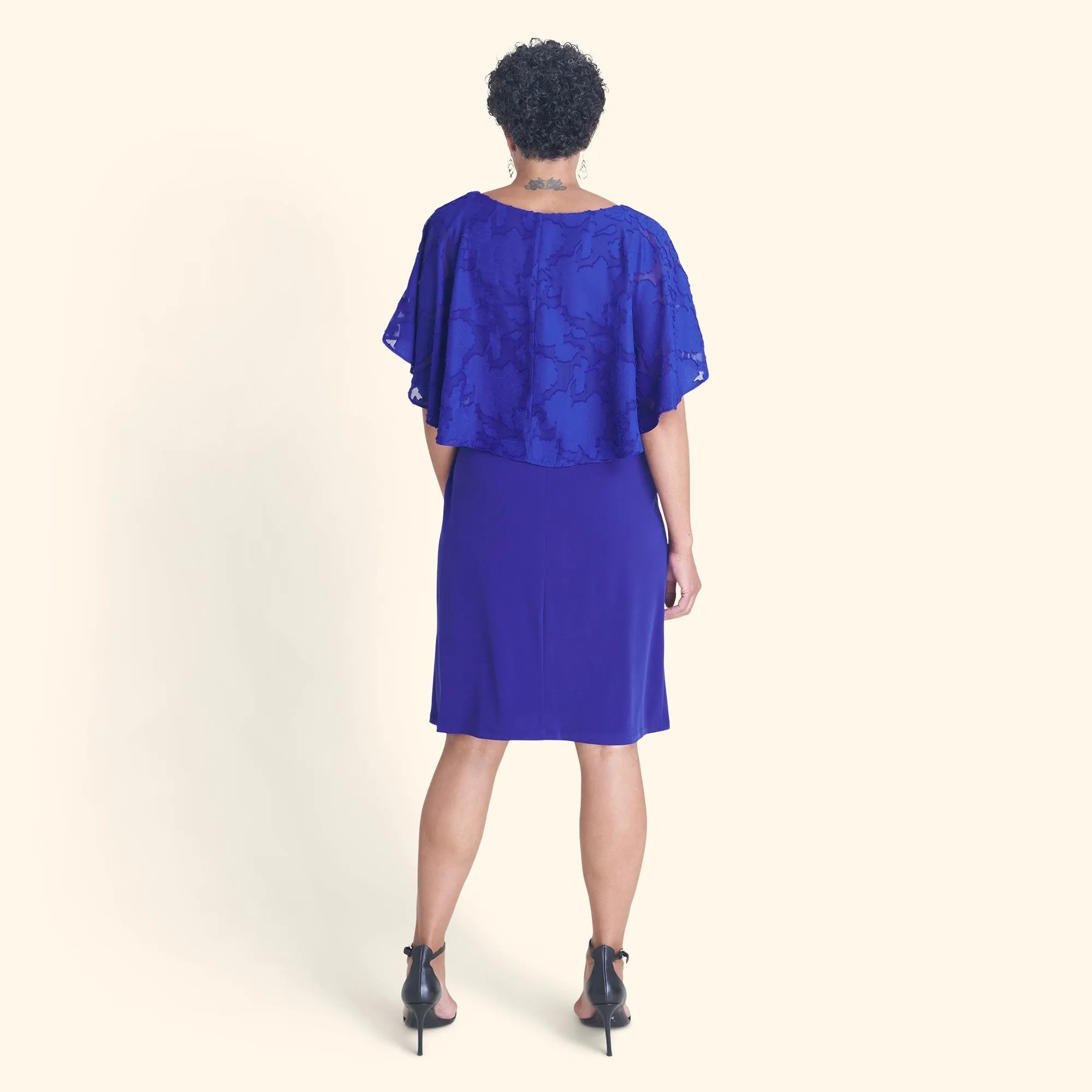 Alyssa Deep Cobalt Chiffon Burnout Cape Dress