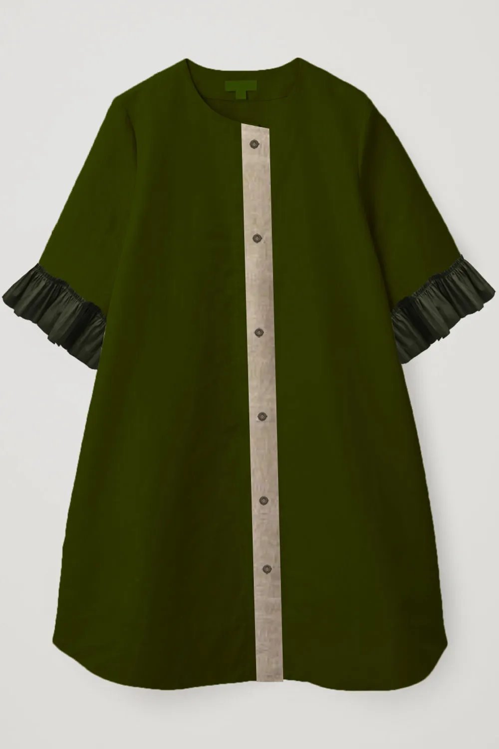 Amelia - olive green kurta with contrast placket and ruffle sleeve