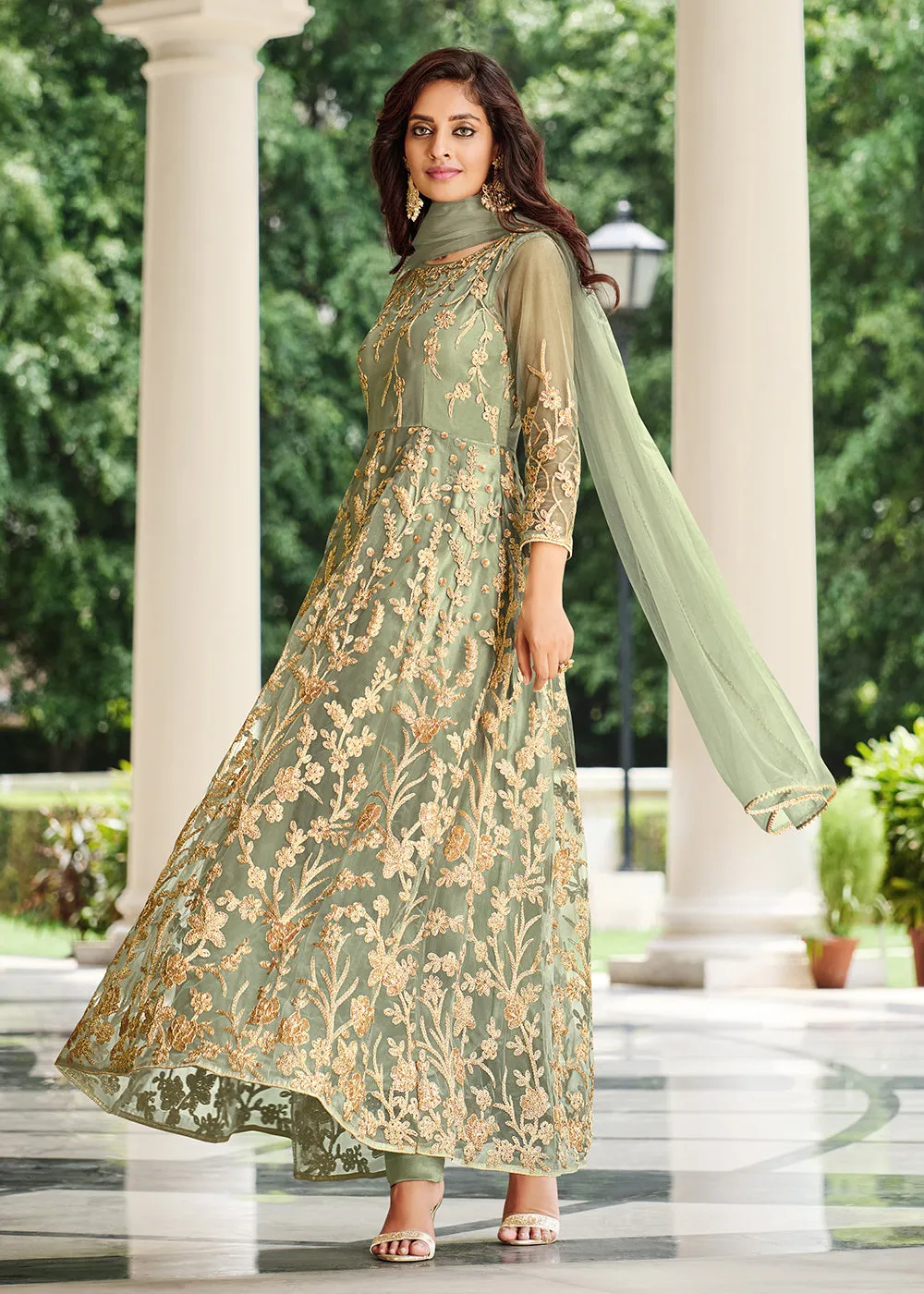 Appealing Pista Green Designer Front Slit Anarkali Dress