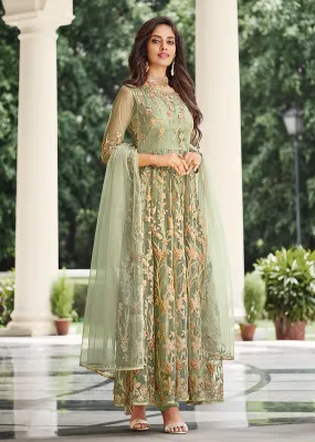 Appealing Pista Green Designer Front Slit Anarkali Dress