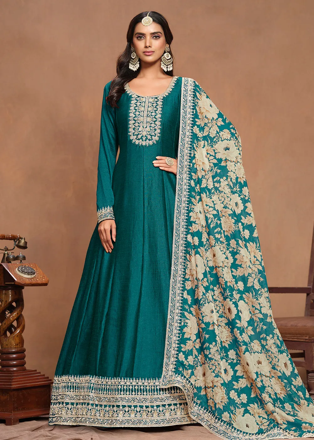 Art Silk Teal Embroidered Wedding Anarkali Gown