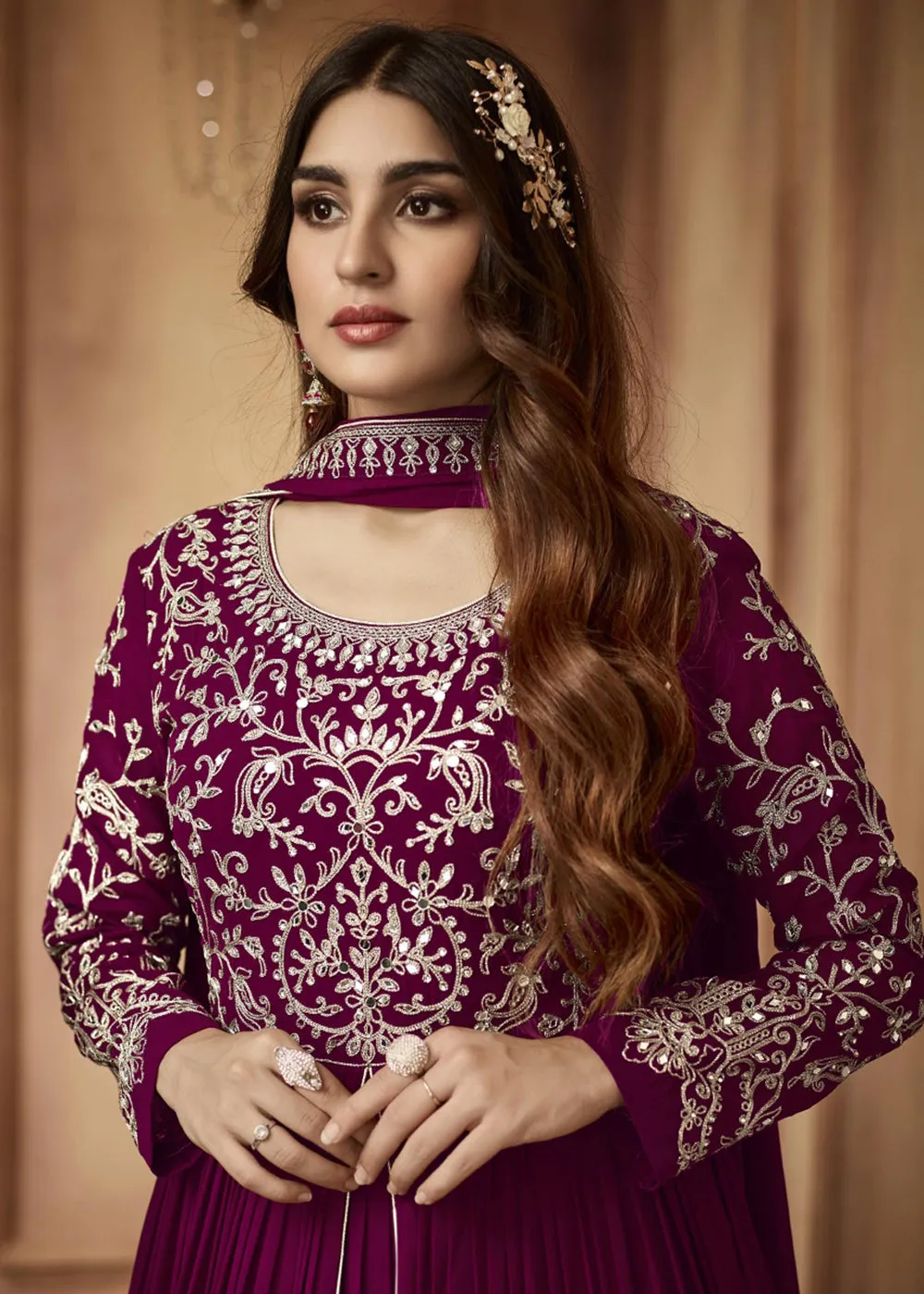 Attractive Magenta Wine Sequins Wedding Festive Anarkali Suit