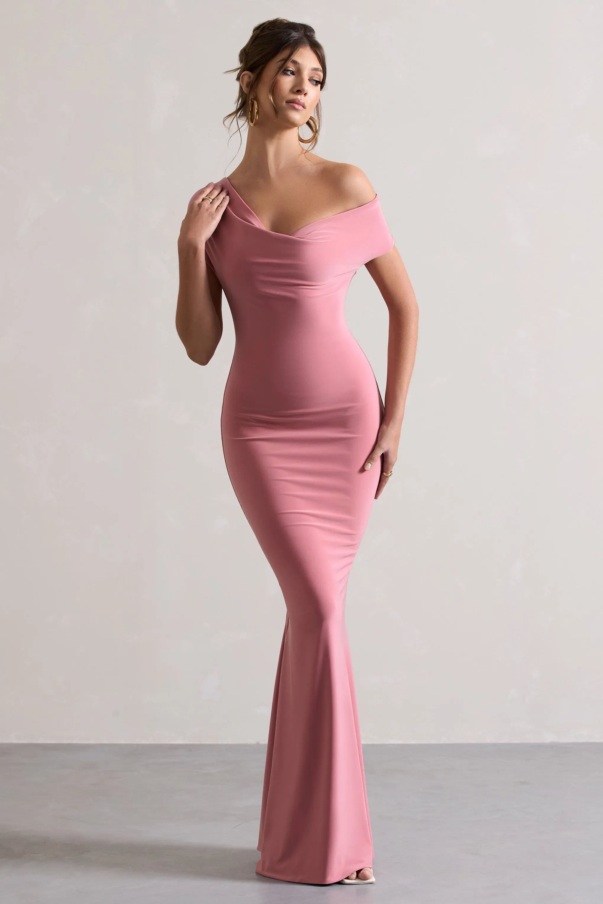 Avila | Blush Pink Asymmetric Bardot Maxi Dress