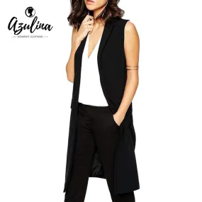 AZULINA Sleeveless Blazer Vest 2017 Spring Autumn Long Vest Waistcoat Female Women Outwear Longline Jacket Pocket Coat Black