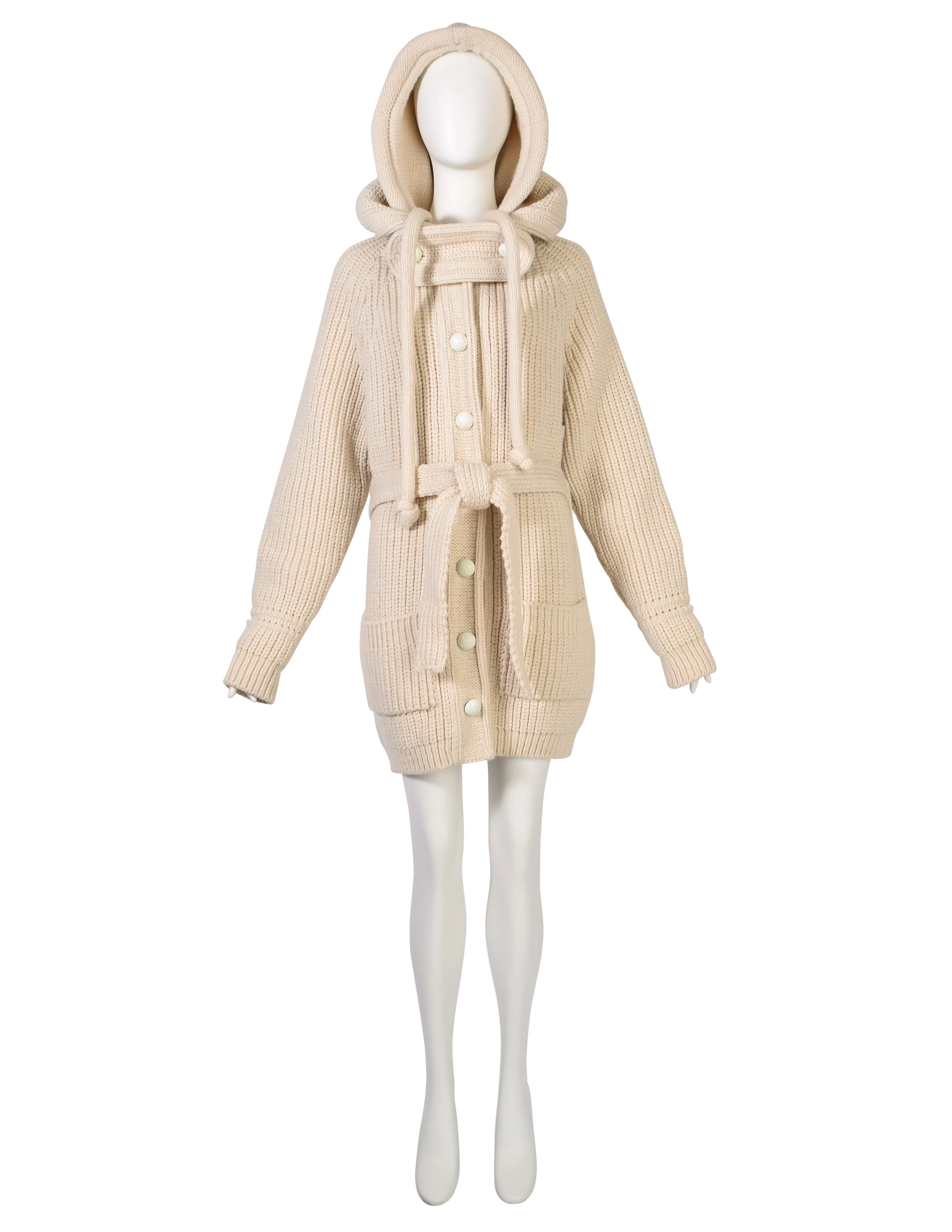 Balenciaga Vintage AW 2007 by Nicolas Ghesquière Cream Knit Wool Oversized Hooded Sweater Coat