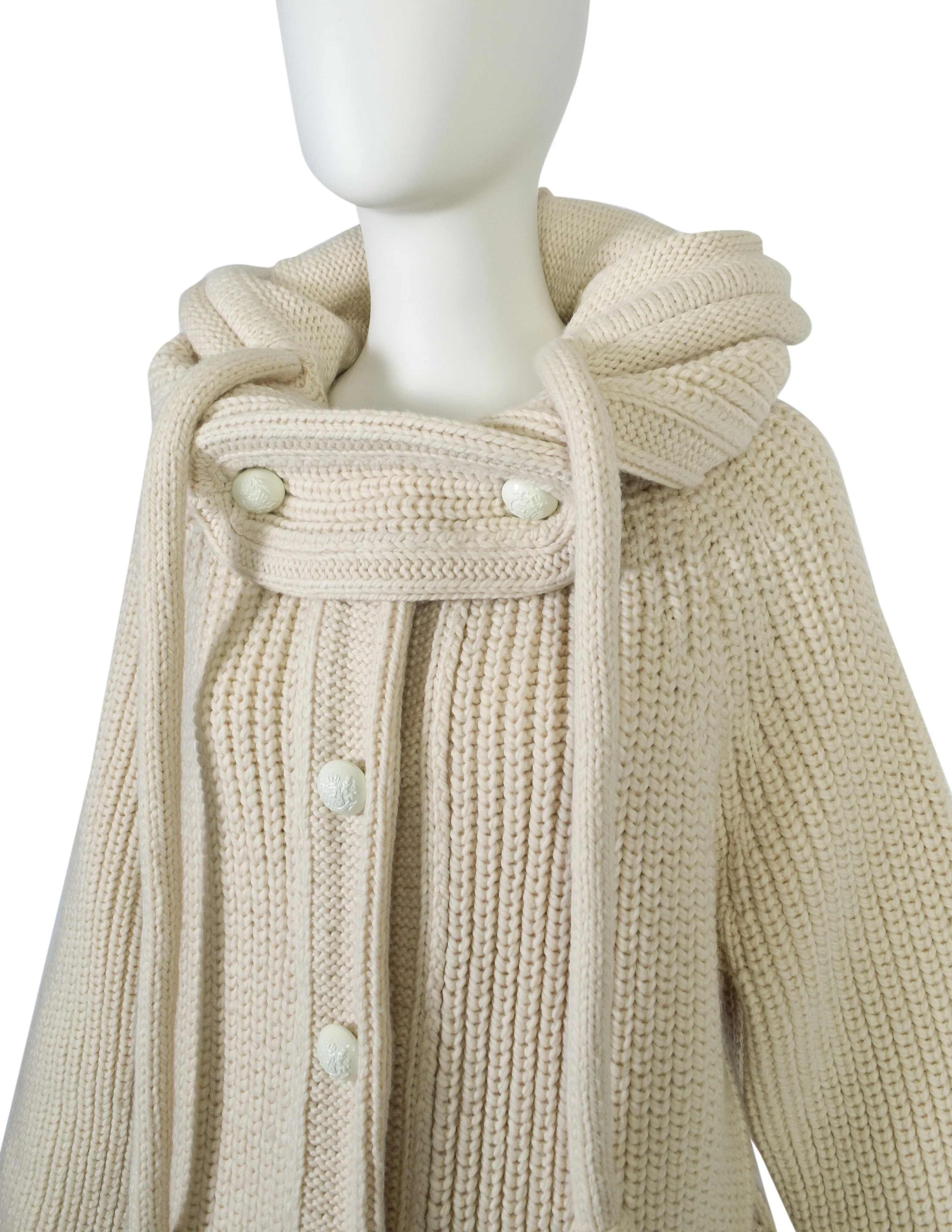 Balenciaga Vintage AW 2007 by Nicolas Ghesquière Cream Knit Wool Oversized Hooded Sweater Coat