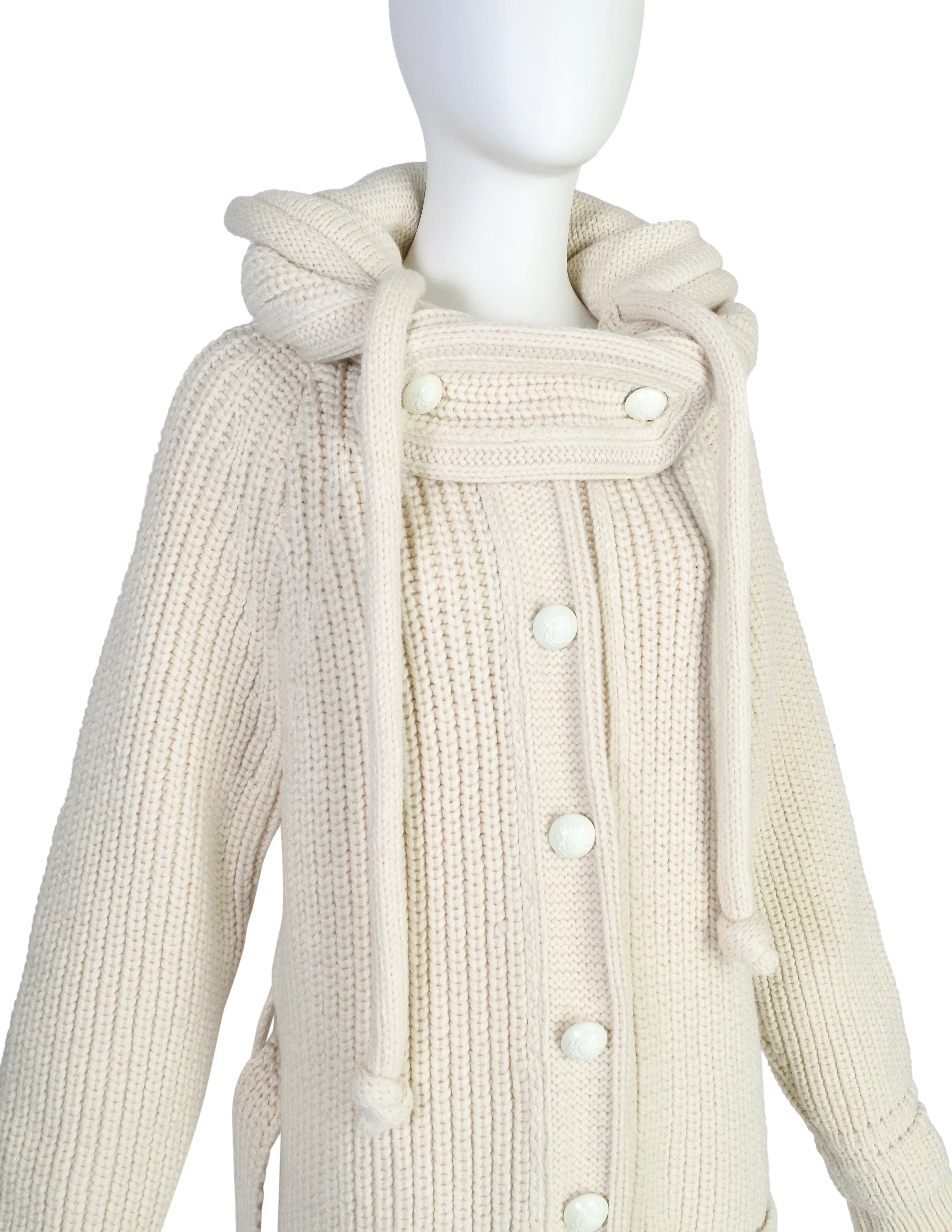 Balenciaga Vintage AW 2007 by Nicolas Ghesquière Cream Knit Wool Oversized Hooded Sweater Coat