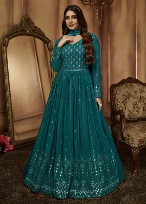 Beauteous Teal Green Sequins Wedding Festive Anarkali Suit