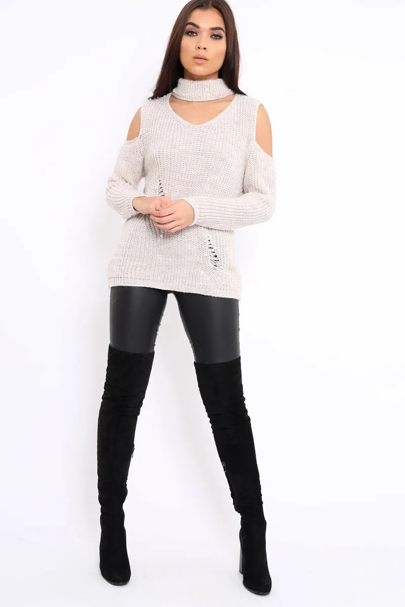 Beige Distressed Pearl Chunky Knit Jumper - Narla