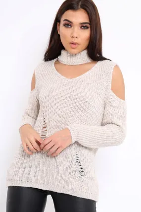 Beige Distressed Pearl Chunky Knit Jumper - Narla