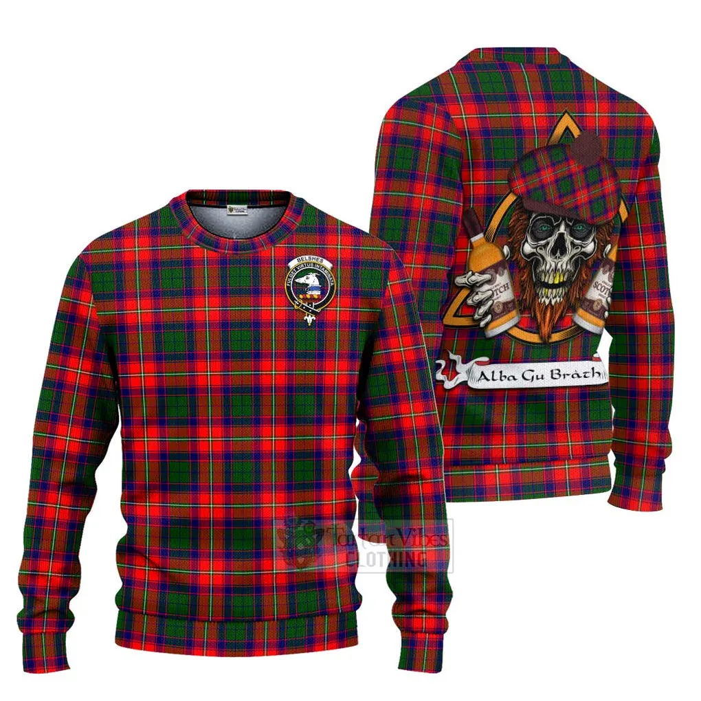 Belshes (Belsches) Tartan Ugly Sweater with Family Crest and Bearded Skull Holding Bottles of Whiskey