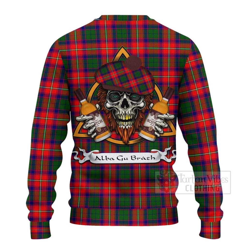 Belshes (Belsches) Tartan Ugly Sweater with Family Crest and Bearded Skull Holding Bottles of Whiskey