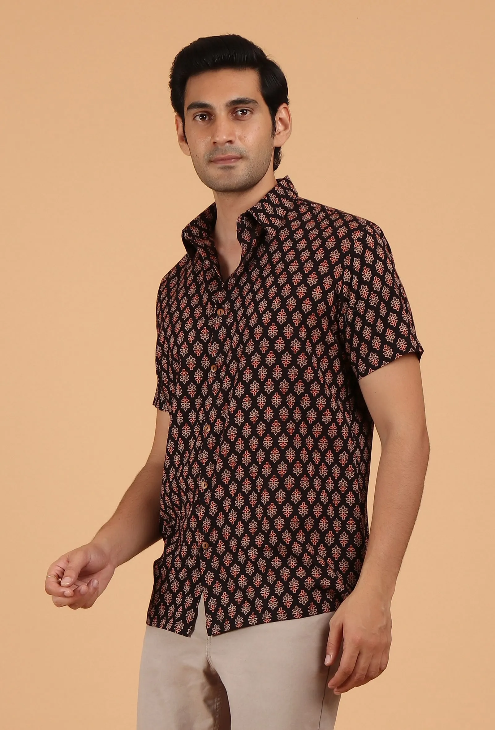 Black Ajrakh Handcrafted Half Sleeves Cotton Shirt