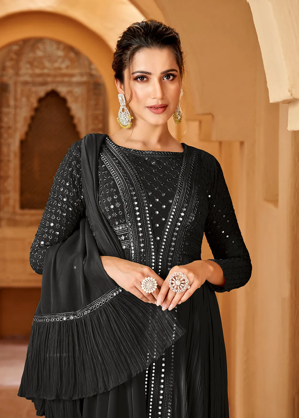 Black Crushed Georgette Mirror Lucknowi Work Anarkali Dress