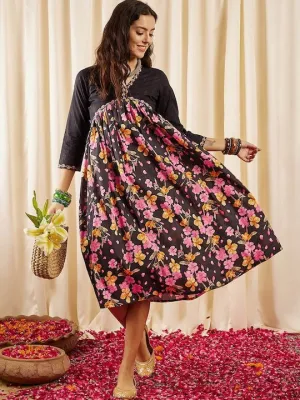 Black, Pink & Yellow Floral Printed V-Neck Gathered Detailed Pure Cotton Empire Midi Ethnic Dress