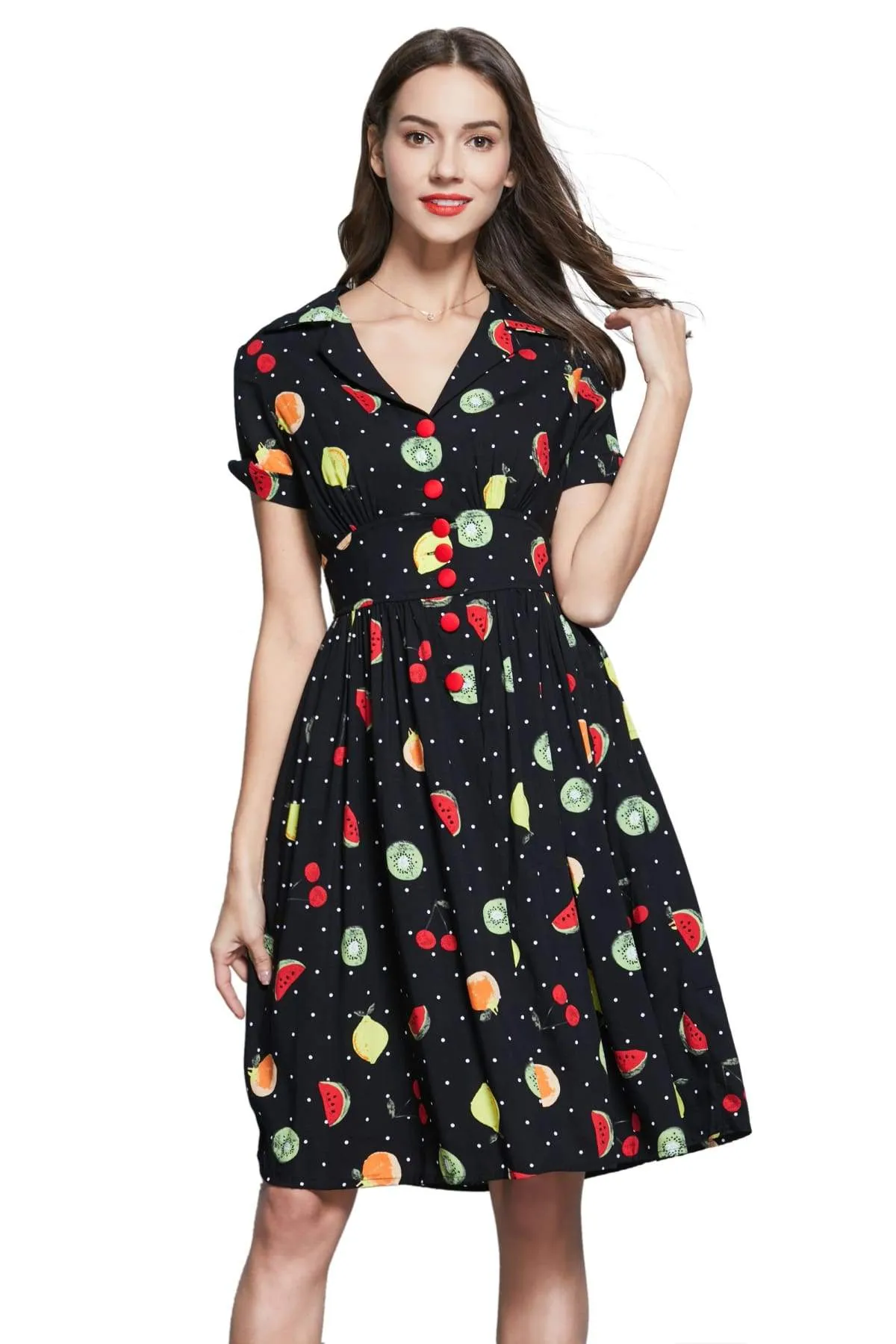 Black Polka Dot Summer Fruit Collared Button Up T-Shirt Vintage Dress with Pockets