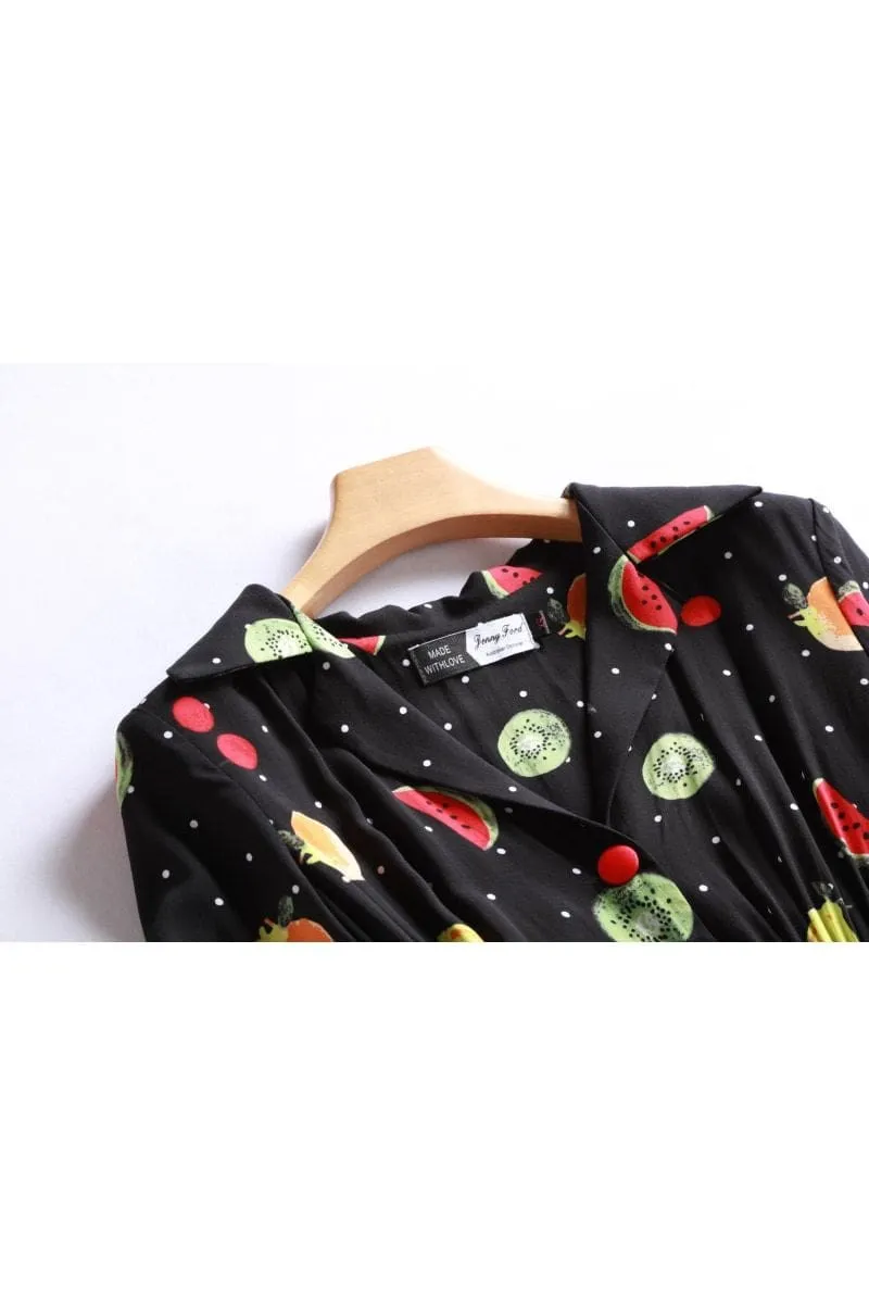 Black Polka Dot Summer Fruit Collared Button Up T-Shirt Vintage Dress with Pockets