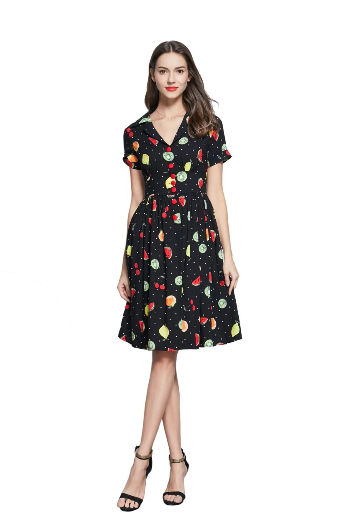 Black Polka Dot Summer Fruit Collared Button Up T-Shirt Vintage Dress with Pockets