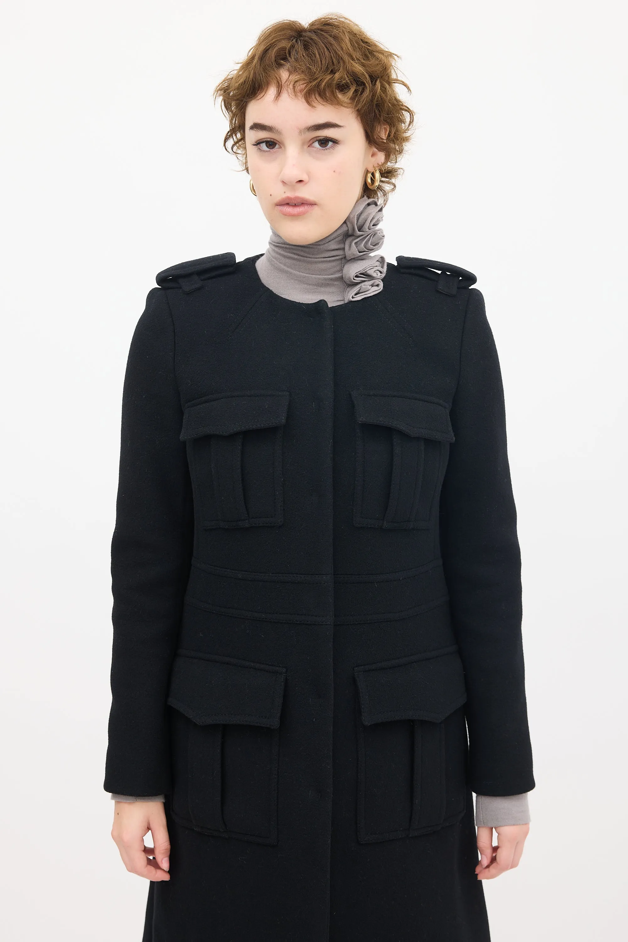 Black Wool Military Cargo Coat