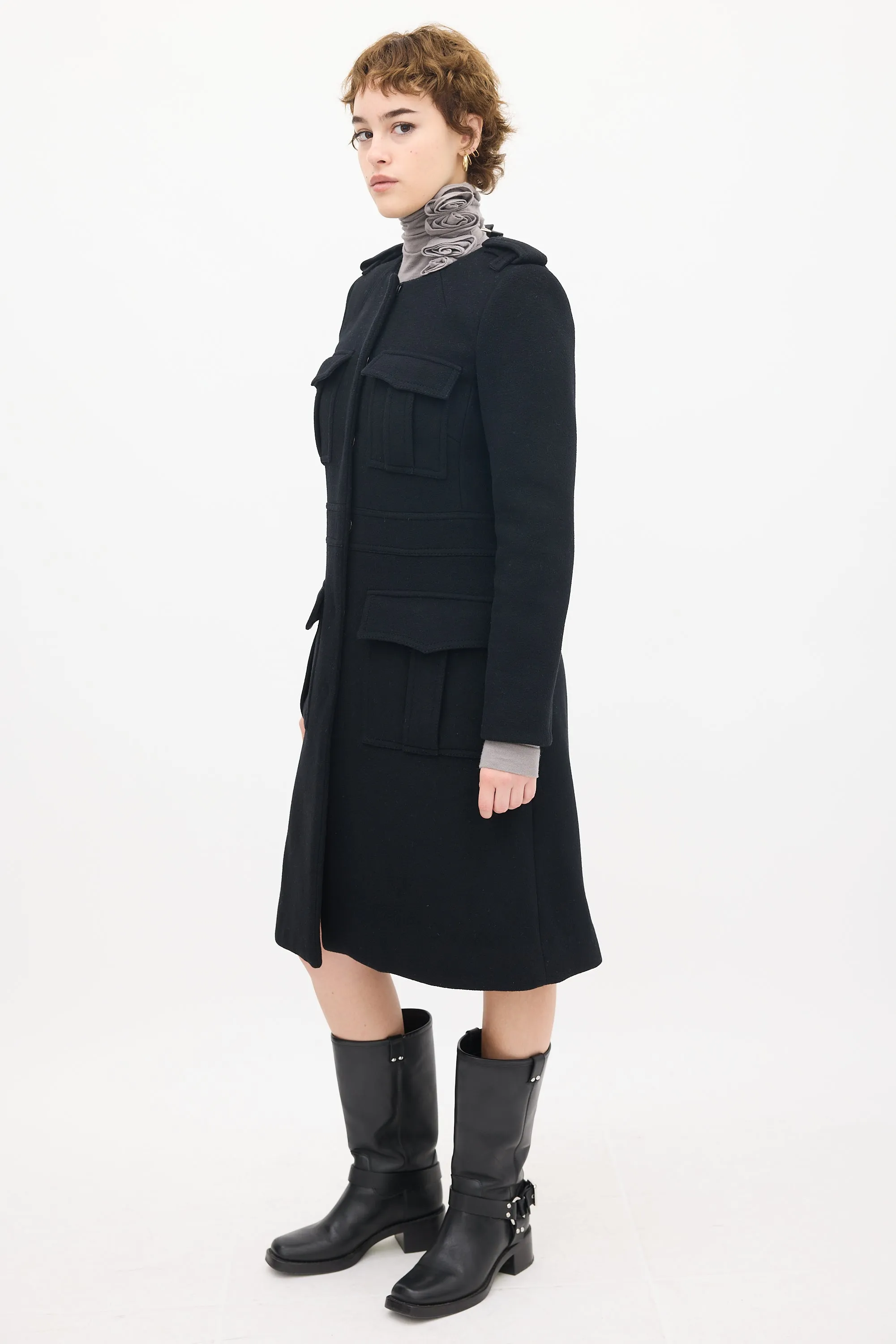 Black Wool Military Cargo Coat