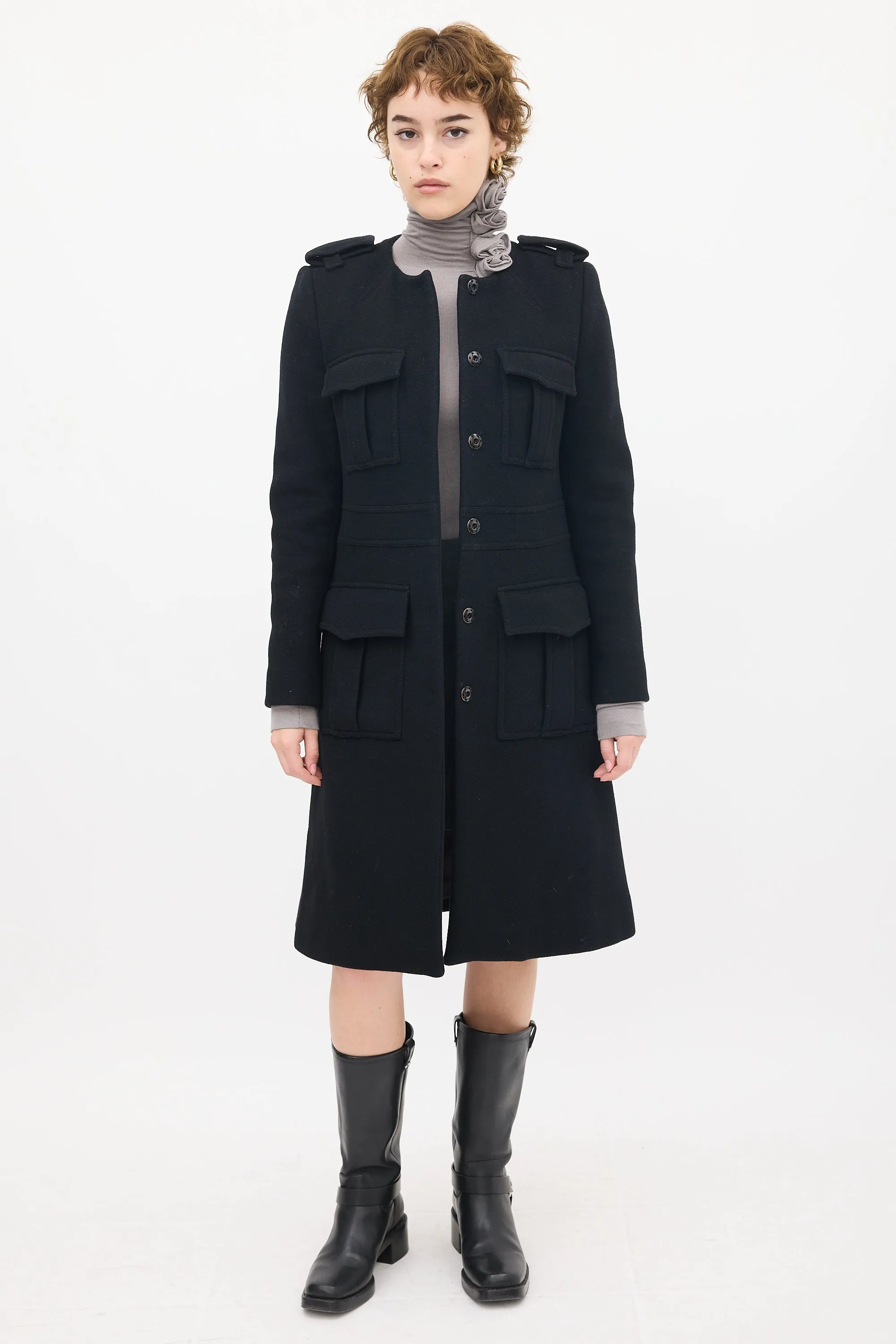 Black Wool Military Cargo Coat