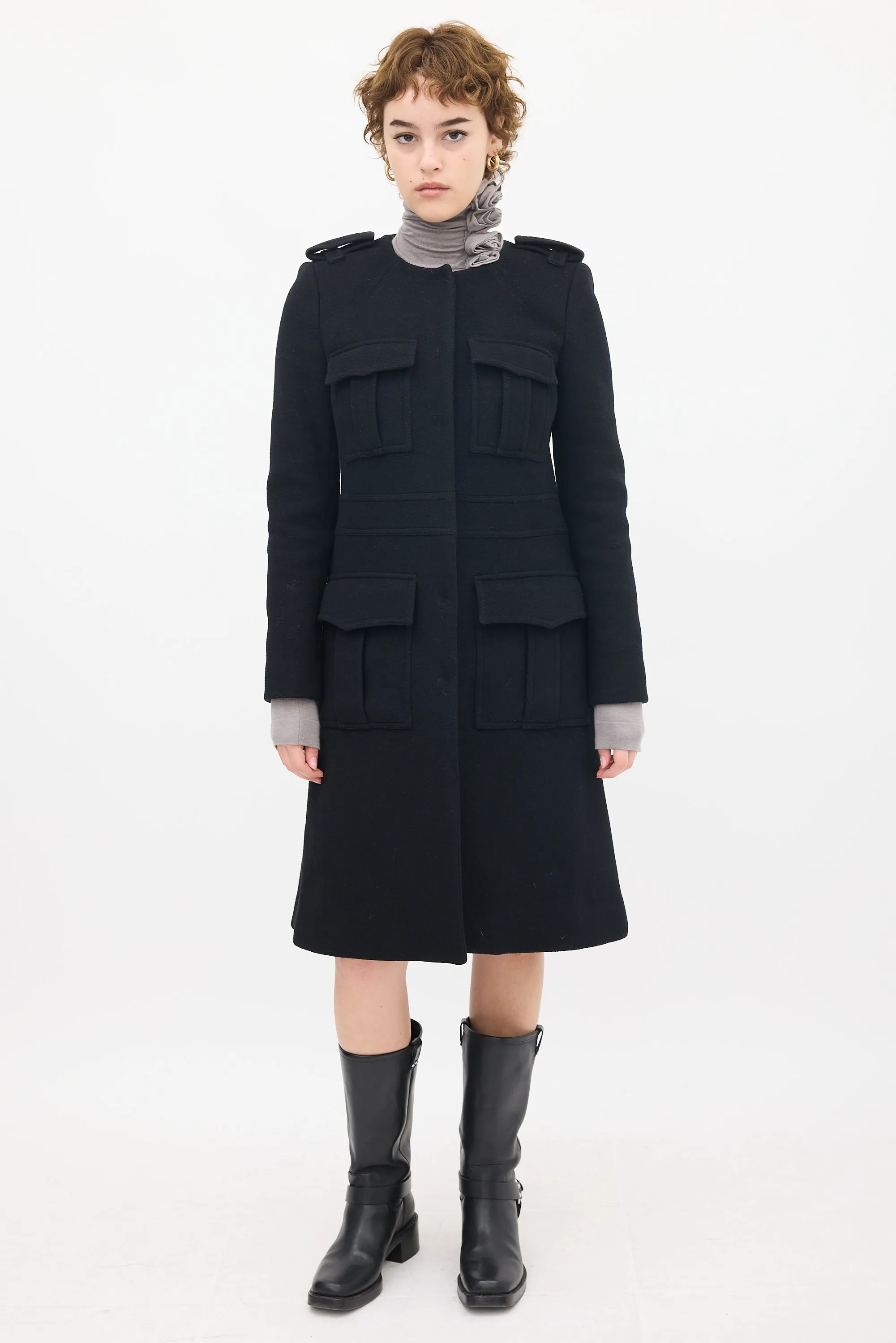 Black Wool Military Cargo Coat