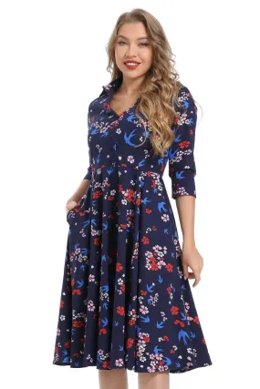 Blue Bird Floral Collared Cotton Vintage Dress with 3/4 Sleeves and Pockets