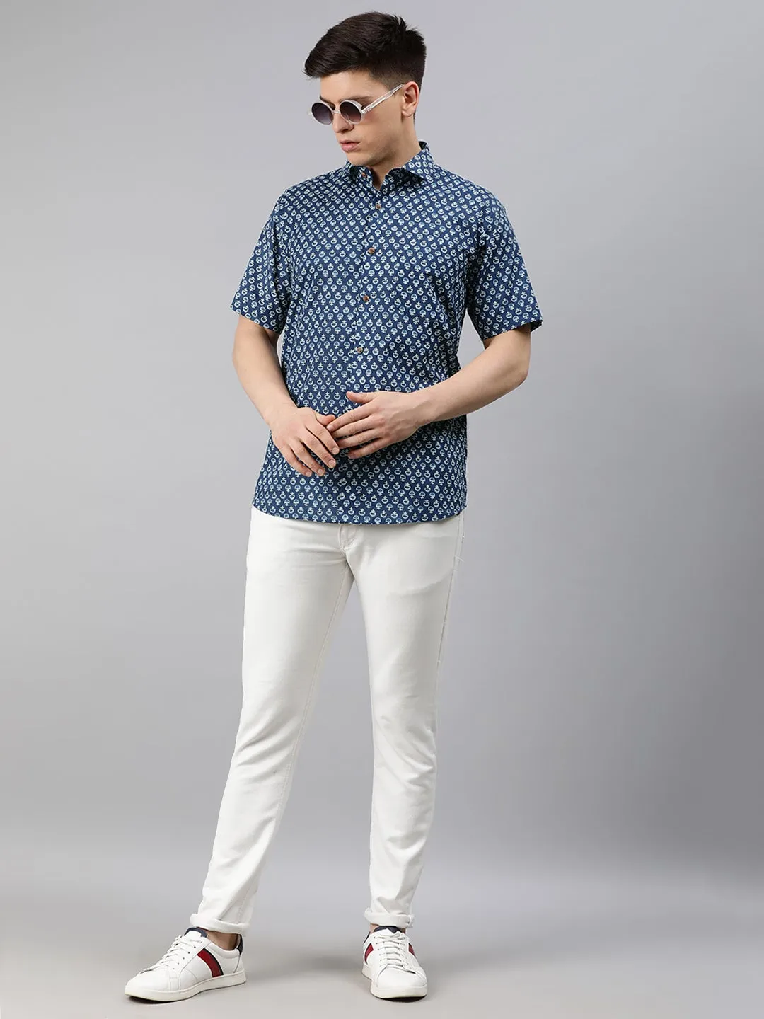 Blue Cotton Short Sleeves Shirts For Men-Mmh036