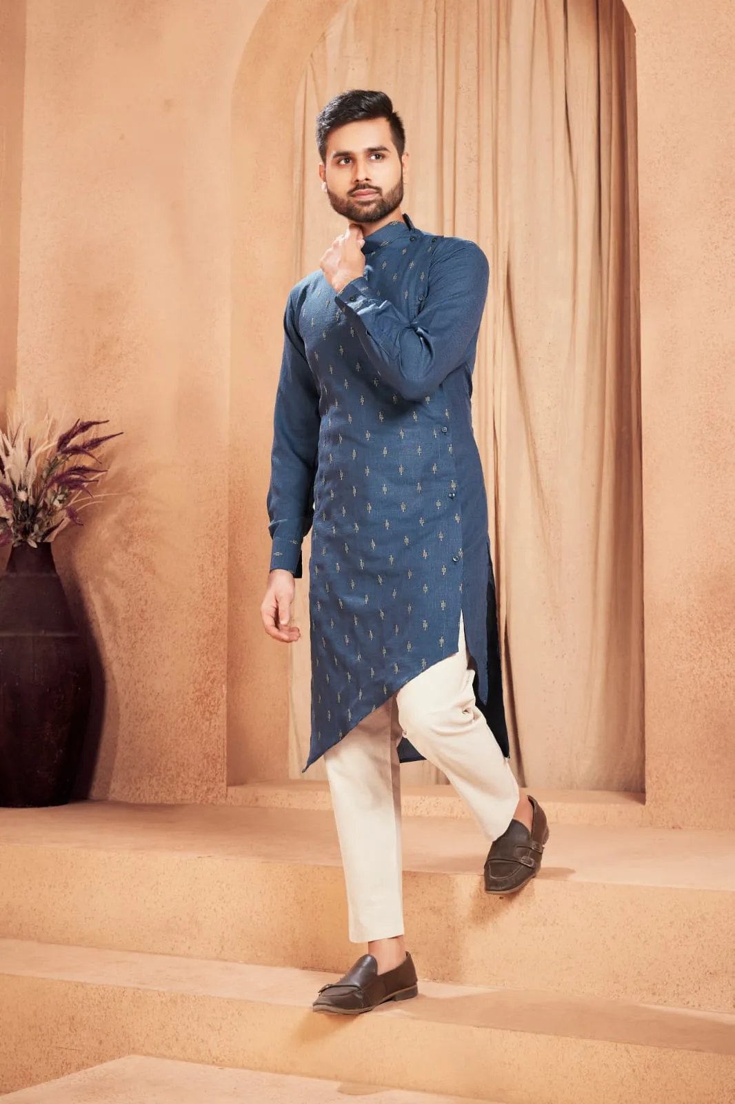 Blue Ethnic Cotton Men's Kurta Pajama